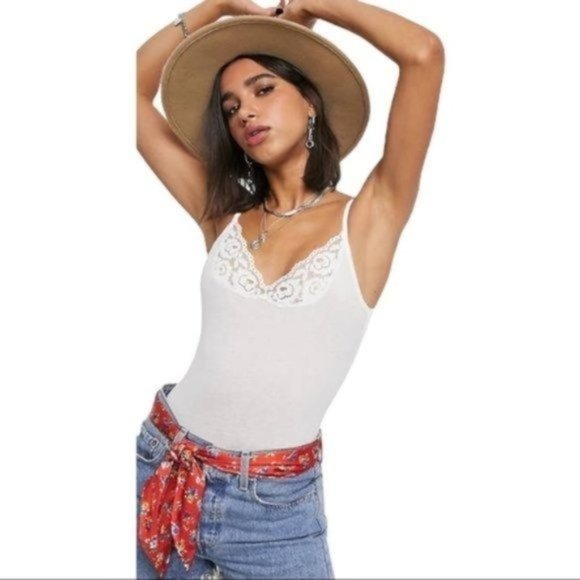 FREE PEOPLE Side of Sass Lace-Trim Cotton Bodysuit - White - NWT - Picture 2 of 7